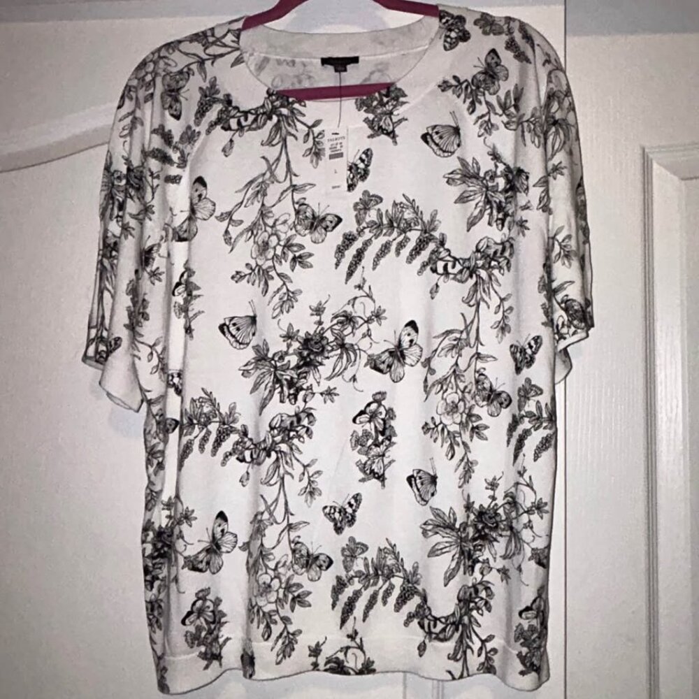 NWT TALBOTS BLACK WHITE ELBOW SLEEVE PULLOVER - BUTTERFLY TOILE WOMAN'S L LARGE - Picture 3 of 8